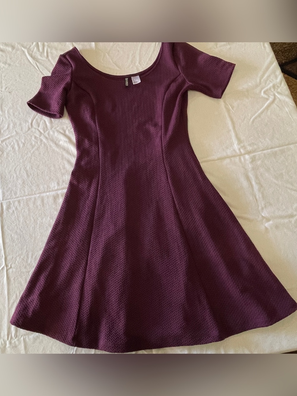 Scoop Neck Textured Pullover Stretchy Knit Dress, Flared Hem~Gorgeous Deep Plum,